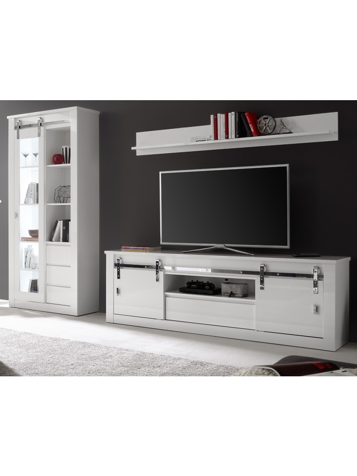 Wohnwand weiß Hochglanz 3-teilig 309 x 201 cm, Wohnkombination mit Soft-Close