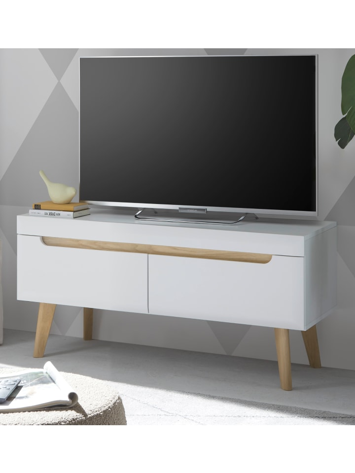 TV-Lowboard weiß matt, Eiche, skandinavisch 107 cm, TV-Unterteil mit Vollauszug