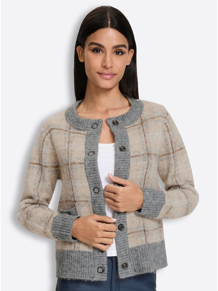 Strickjacke in beige-grau-kariert