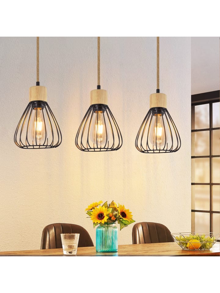 Pendelleuchte in Schwarz 3-flammige E27 Vintage Metall Hanfseil von Holz