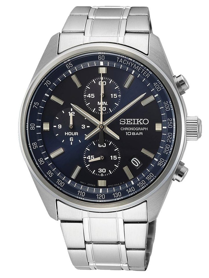 Chronograph Herrenuhr mit Stahlband Blau / Silber