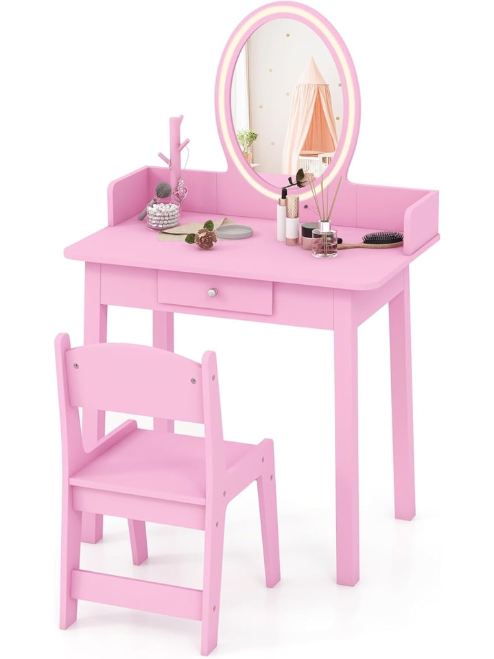2 in 1 Schminktisch Set mit LED in Rosa