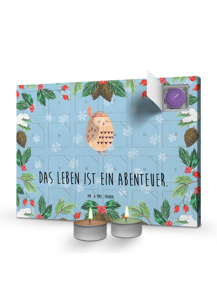 Adventskalender Eule Federschmuck mit Spruch in Eisblau