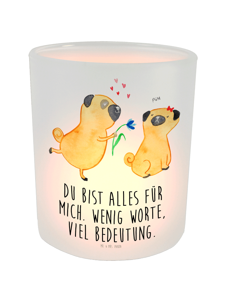 Kerzenhalter Glas Mops Verliebt mit Spruch in Transparent