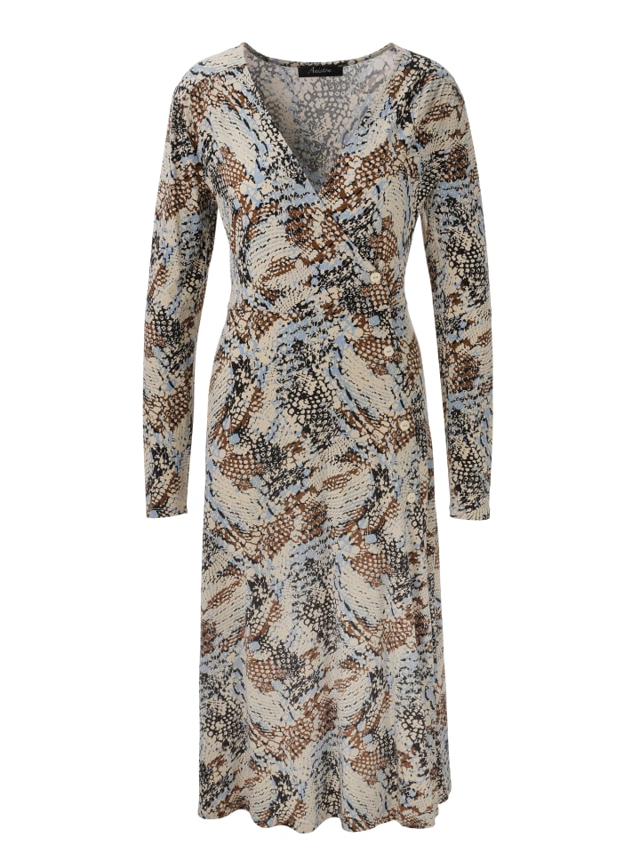 Jerseykleid in hellbeige-braun-hellblau-schwarz