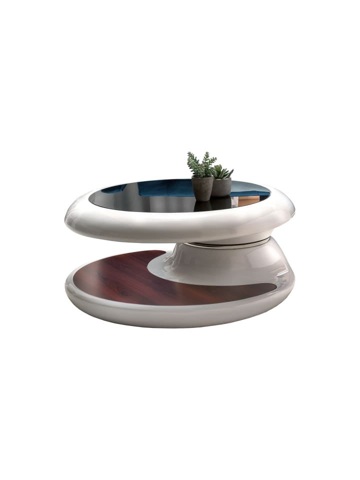 Couchtisch drehbar Ø80 cm Glasplatte, Fiberglas Korpus, Hochglanz Design in Weiß