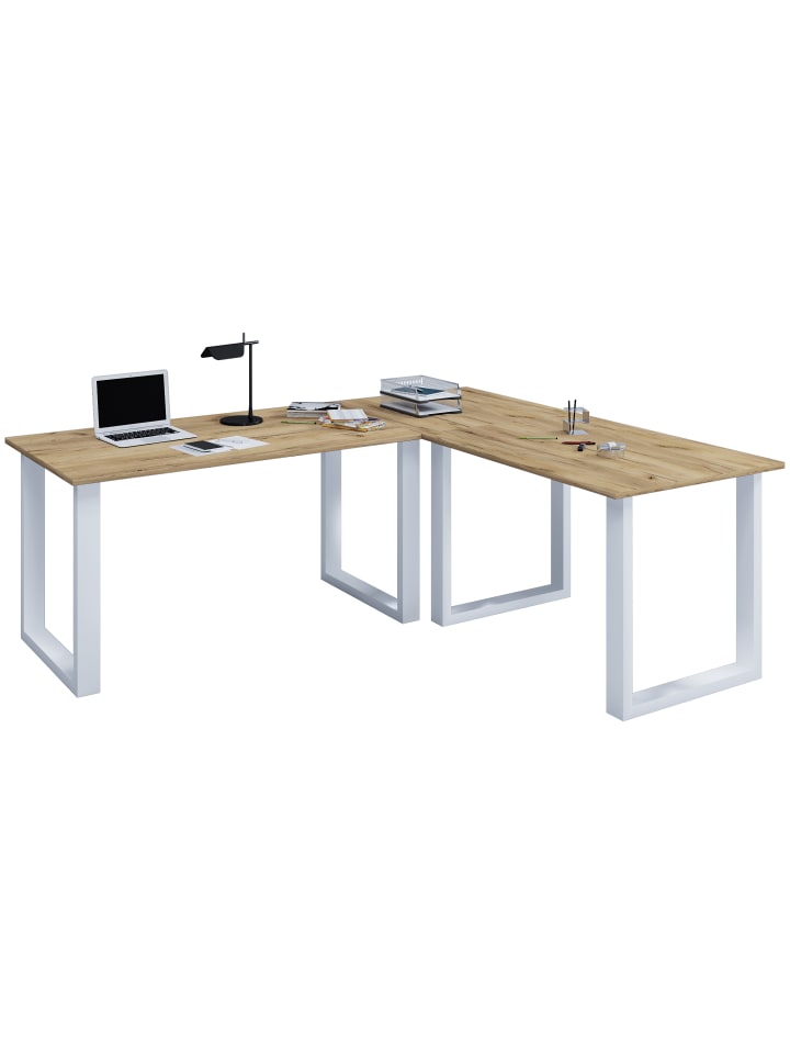 U Schreibtisch Eckschreibtisch L Form 220x160x80 in Silber / Honig-Eiche
