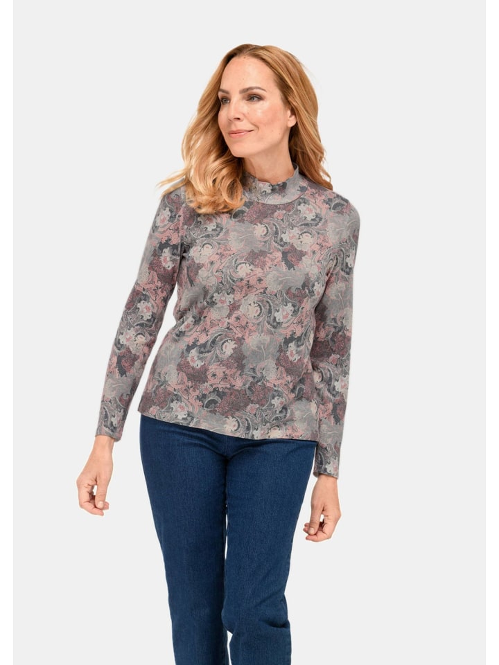 Kurzgröße: Floraler Strickpullover mit Stehkragen in rosé / gemustert