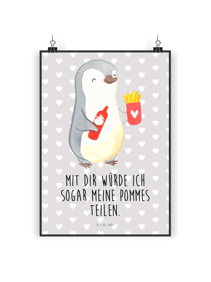 Wandposter Pinguin Pommes mit Spruch in Grau Pastell