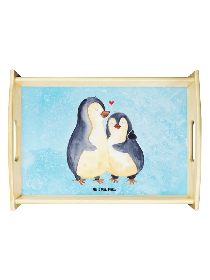 Servierplatte Holz Pinguin umarmen ohne Spruch in Eisblau