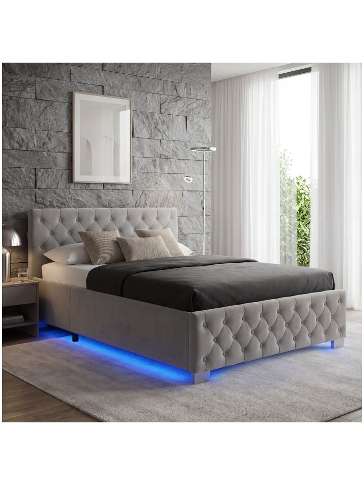 Komfortbett mit LED-Leisten & Stauraum - Samtoptik mit Steppmuster