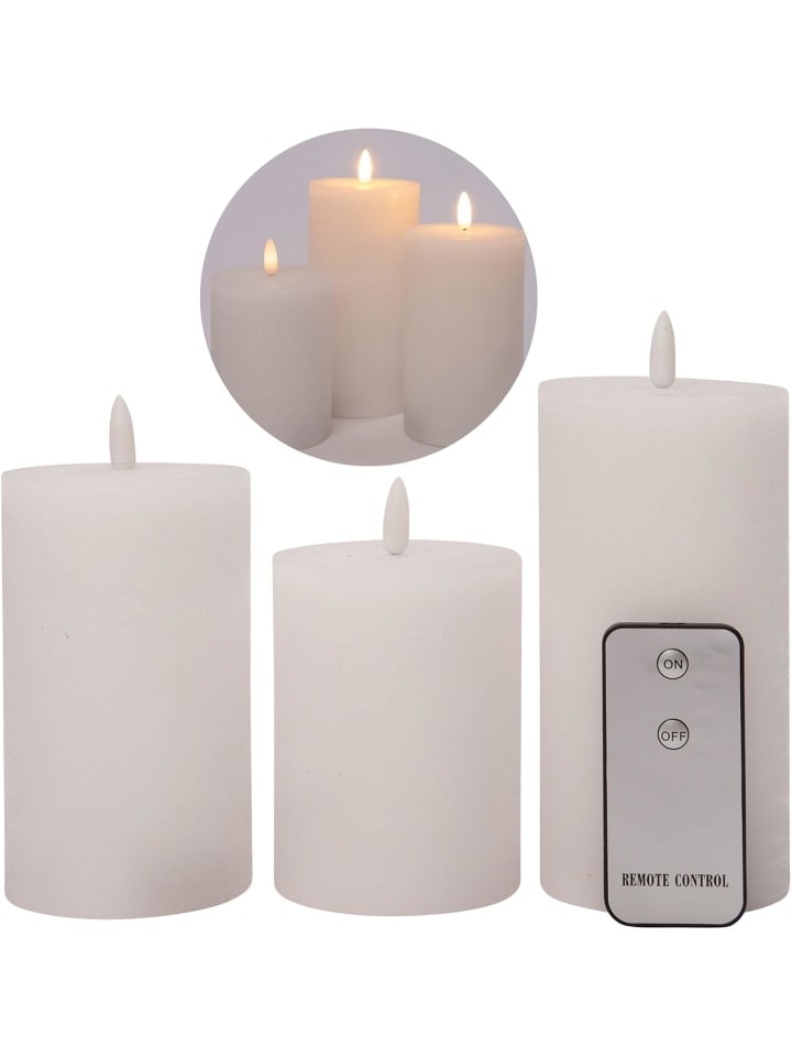 3er Set Led Kerzen 7,5cm ø Kerze flackernde Flamme mit Fernbedingung W in Weiß