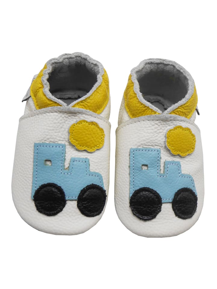 Weiße Leder Krabbelschuhe für Babys mit rutschfester Sohle – Lkw-Muster