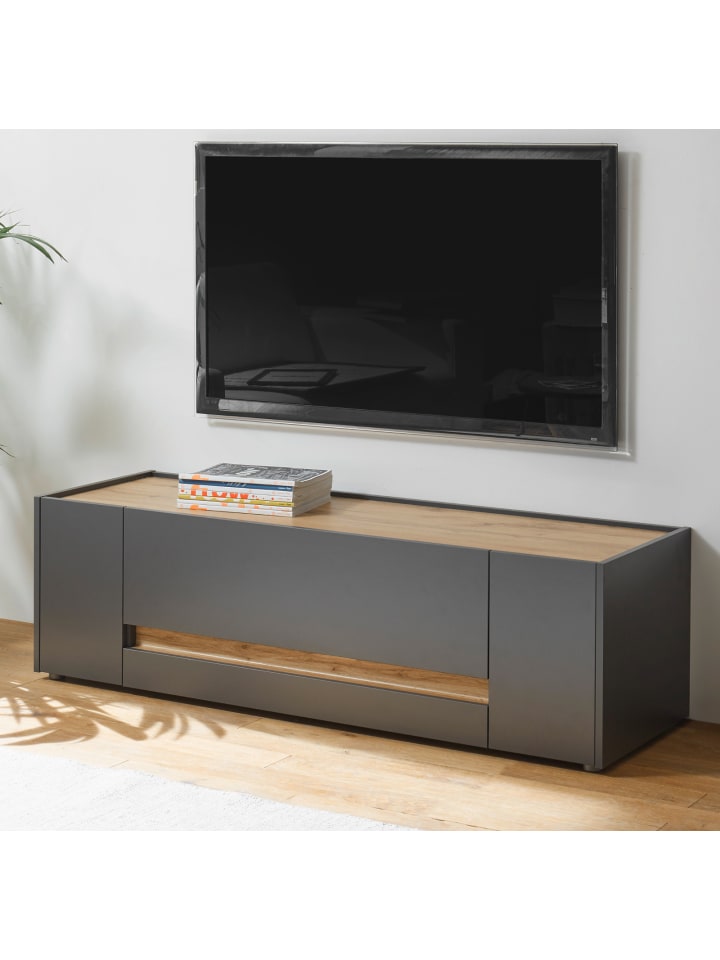 TV-Lowboard grau matt, Eiche Wotan 140 cm, TV-Unterteil mit Schubkasten