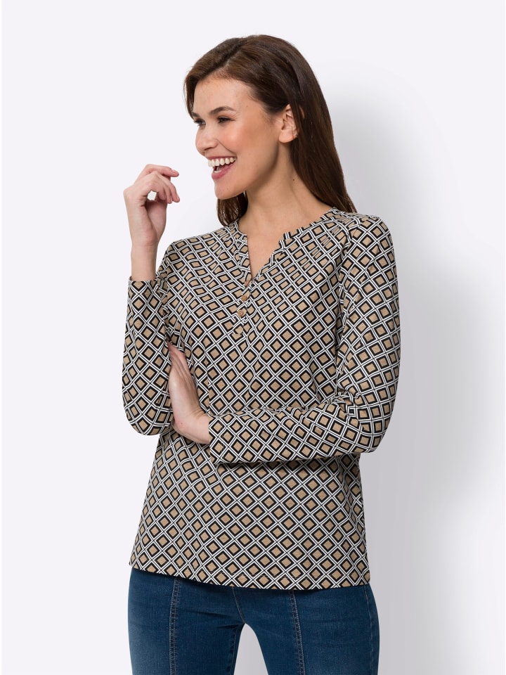 Druck-Shirt in schwarz-beige-bedruckt