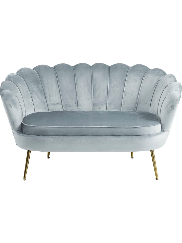 Muschelsofa 2-Sitzer elegant Beine Chrom goldfarben und Samtbezug in Hellgrau
