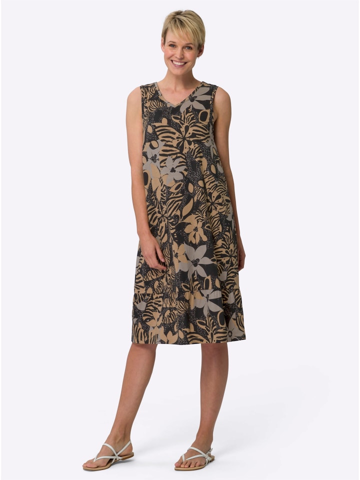 Sommerkleid in schwarz-camel-bedruckt