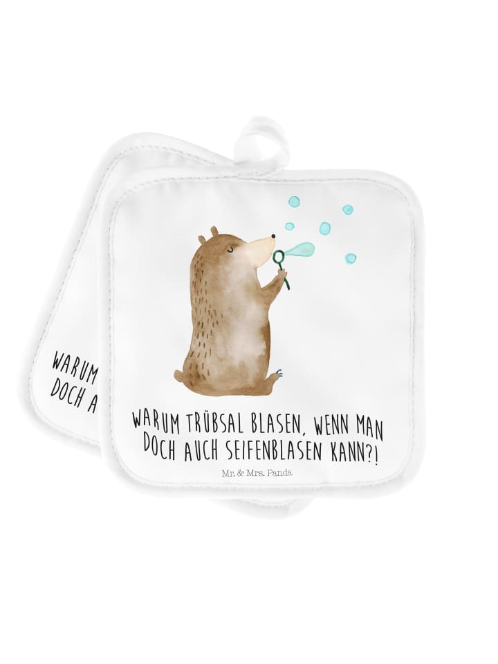 Topflappen Bär Seifenblasen mit Spruch in Weiß