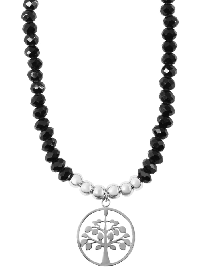 Damen Halskette mit Anhänger – Lebensbaum aus Glas in schwarz