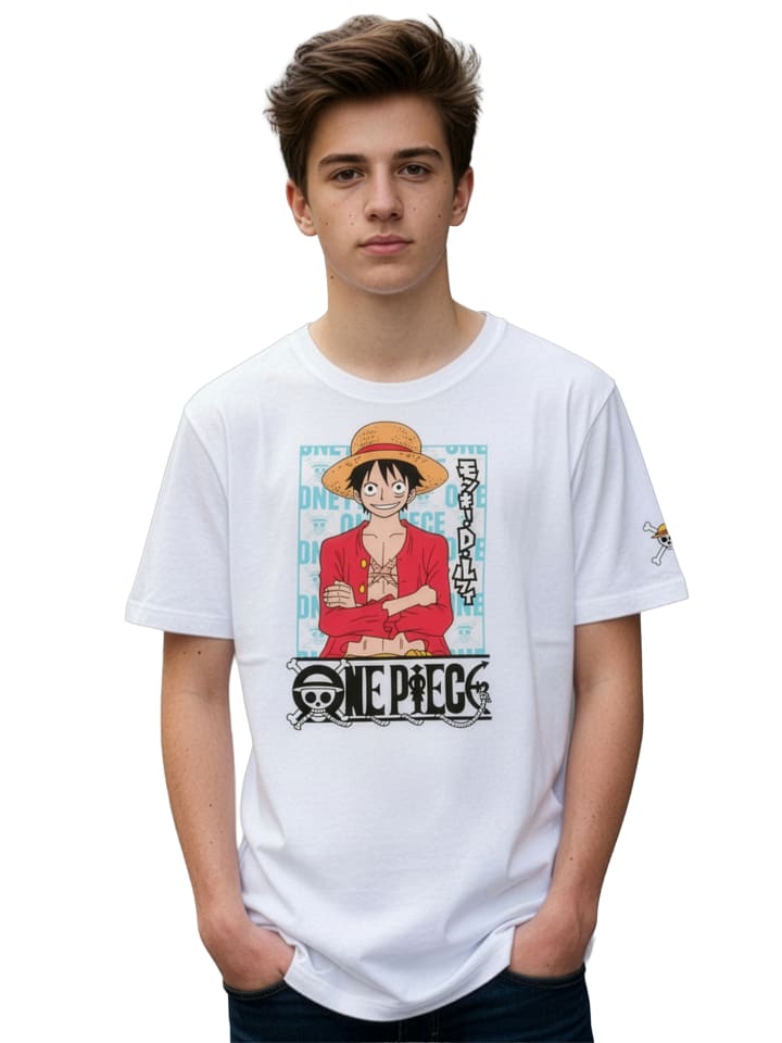 One Piece T-Shirt Monkey D. Ruffy Oberteil Shirt kurzärmlig in weiß