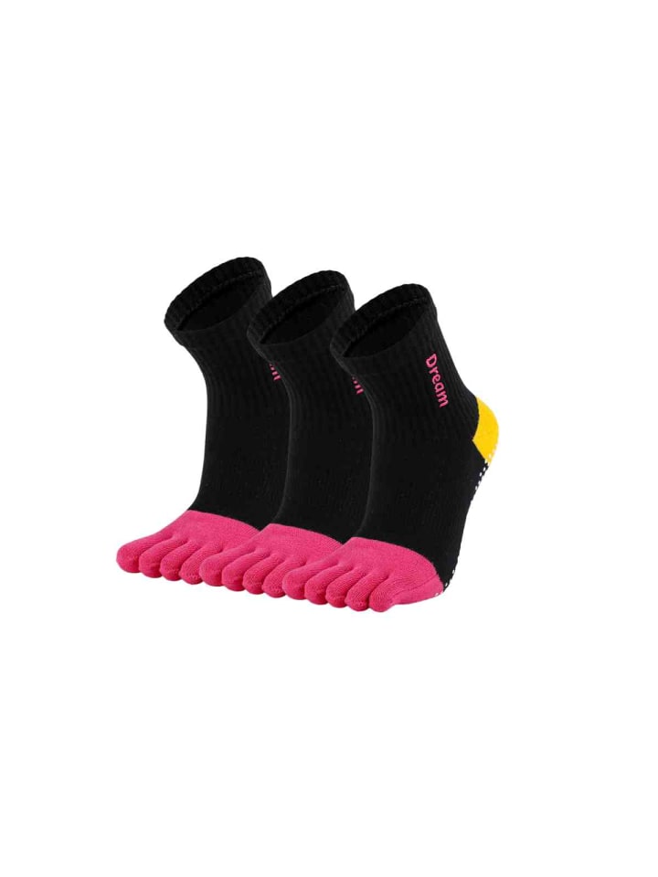 3er-Pack Yoga-/Pilates-Zehensocken mit Stickerei – Anti-Rutsch in Schwarz/Rosa