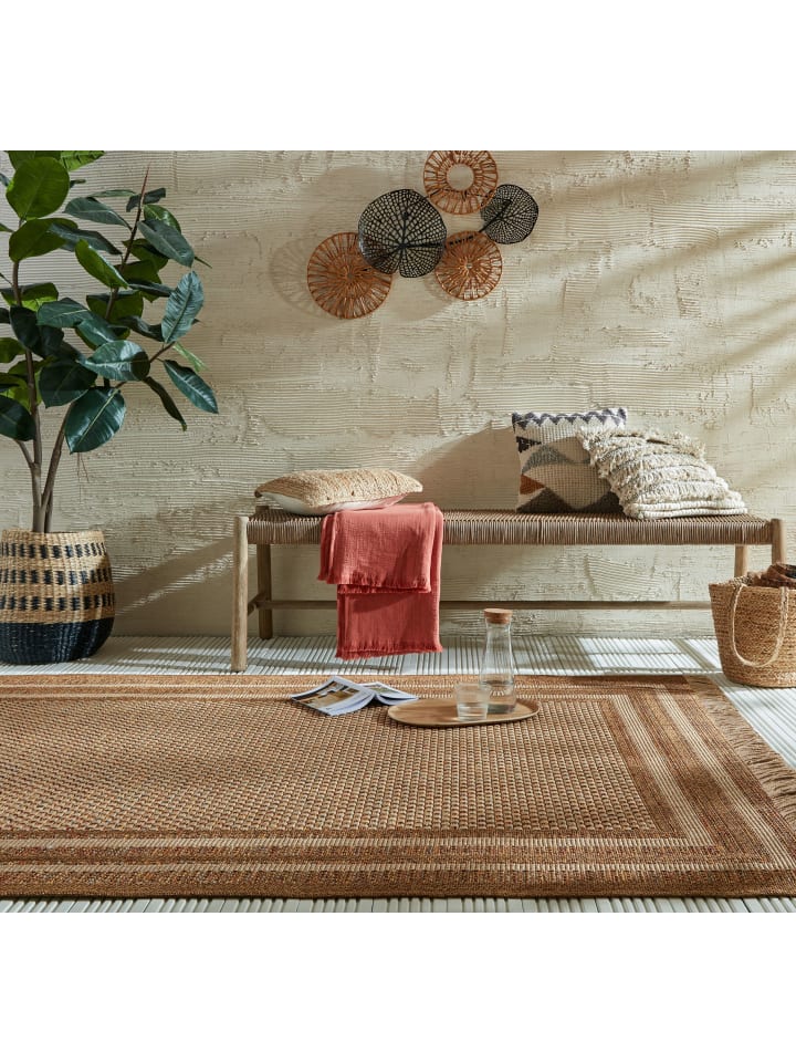 Balkon-Teppich UV-beständig CLYST Boho Streifen Terrasse Modern in Ocker