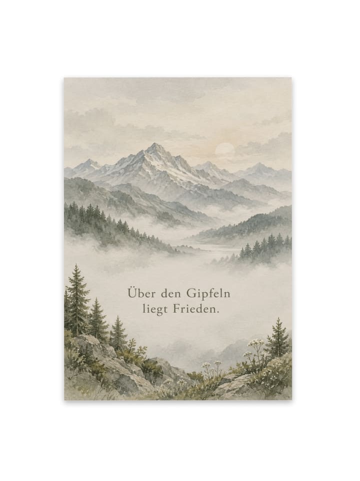 Trauerspruchkarte Berg friedvoll Design mit Spruch in Weiß
