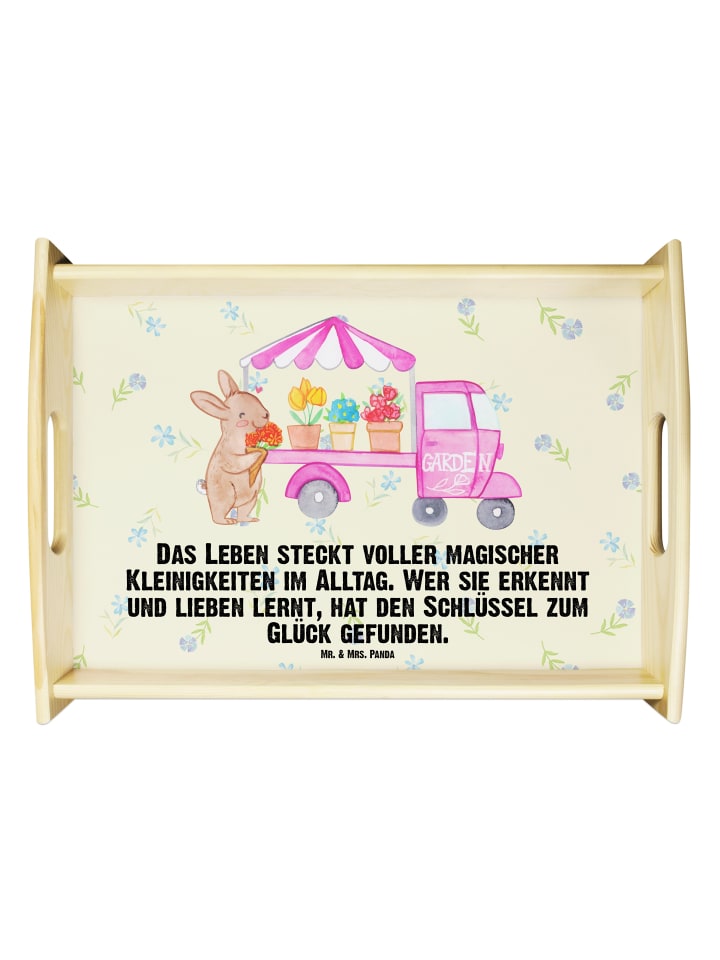 Tablett Holz Osterhase Blumenwagen mit Spruch in Blumig