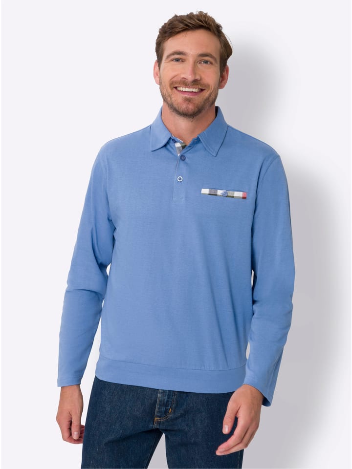 Langarm-Poloshirt in mittelblau