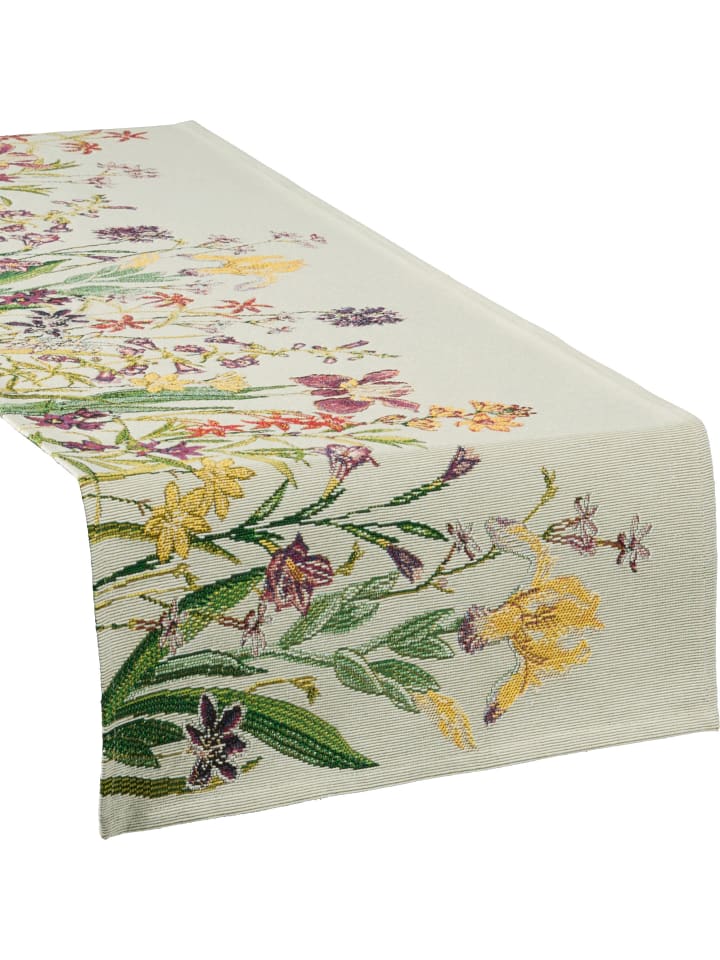 Baumwollmischung, Gewebt, Gobelin Tischläufer Flowery in natur-bunt