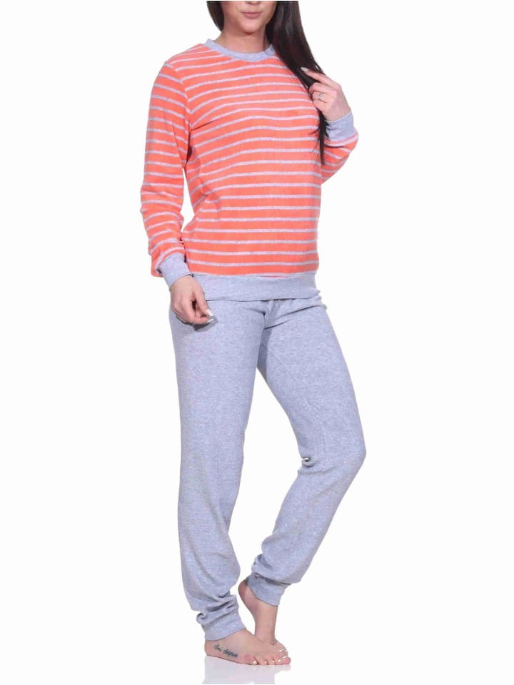 Frottee Pyjama langarm Bündchen Streifen - 71448 in rot