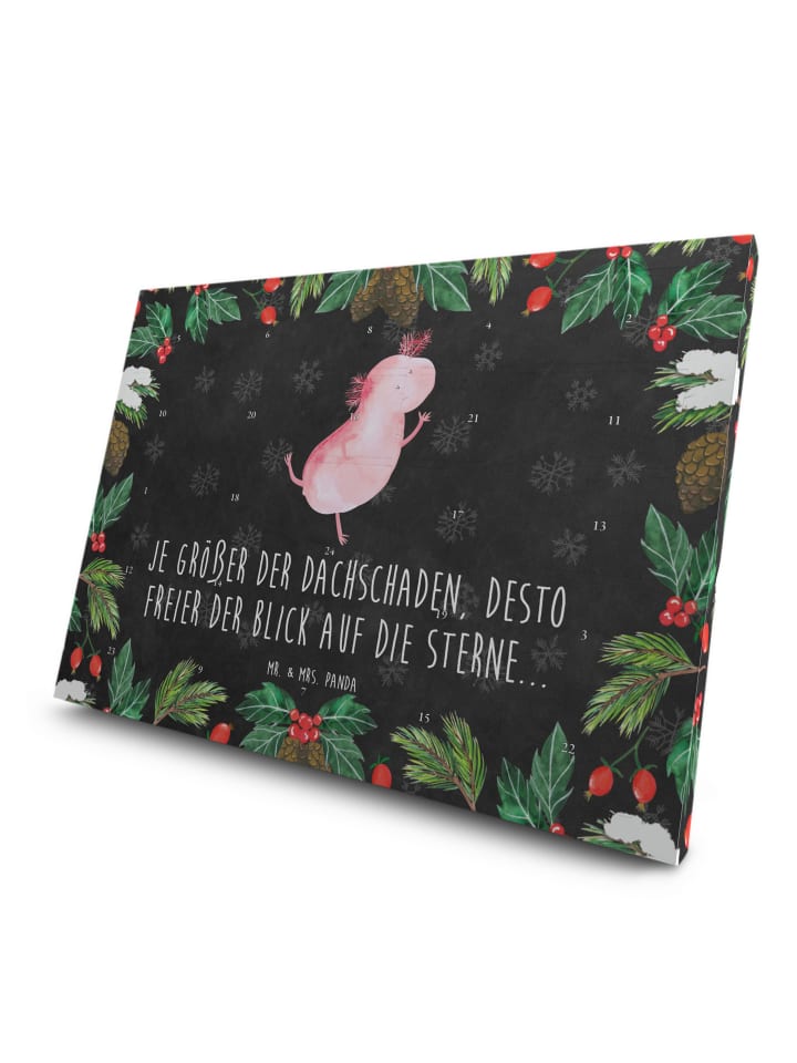 Advents-Teekalender Axolotl Tanzen mit Spruch in Kreidetafel