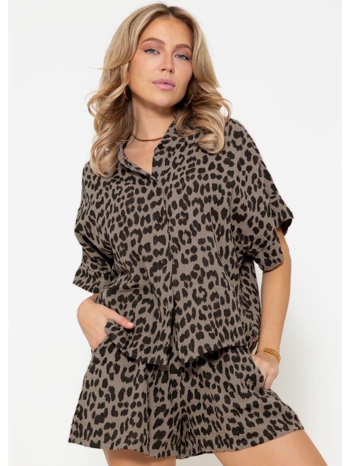 Musselin Bluse mit Leo-Print in Braun, Schwarz