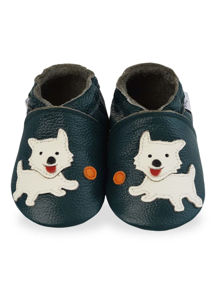 Dunkelgrüne Babyleder-Kleinkindschuhe, bequeme rutschfeste Sohle - Welpenmuster