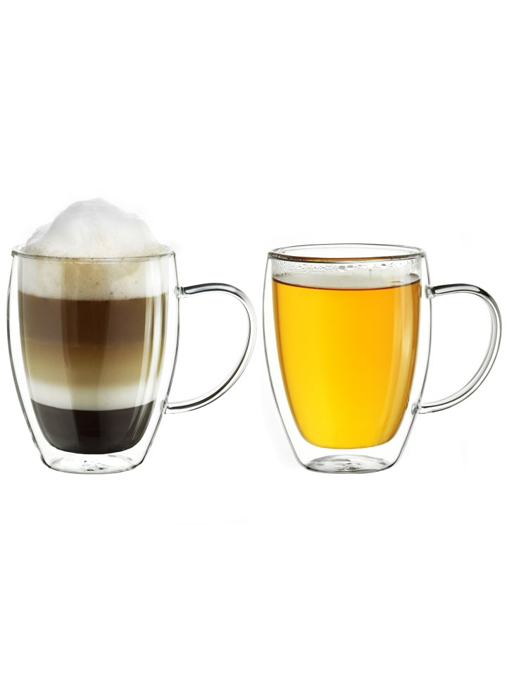 2er Set doppelwandige Thermobecher mit Henkel 250ml (320ml randvoll) h-hoch Glas