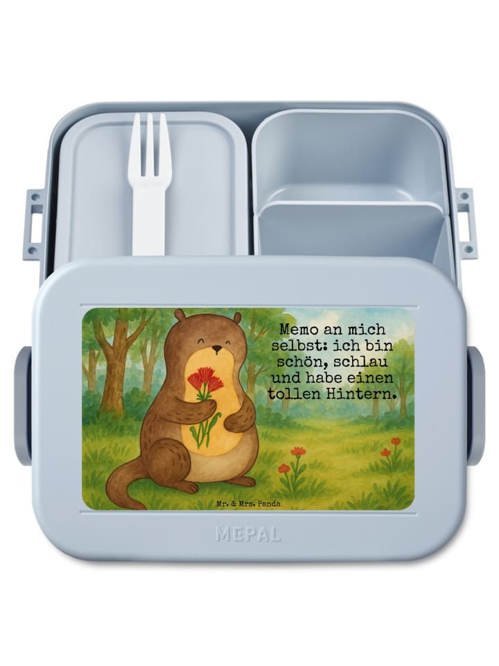 Brotzeitbox Otter Blumenstrauß Design mit Spruch in Blau Pastell