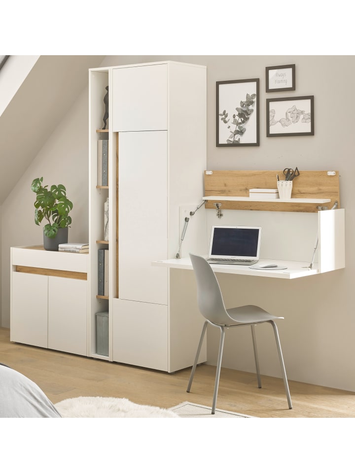 Aktenschrank Set 4-teilig weiß matt, Eiche Wotan 250 cm, Büromöbel mit Sekretär