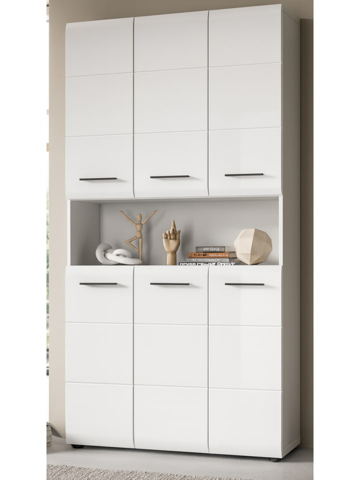 Hochschrank weiß Hochglanz, Mehrzweckschrank 90 cm mit 13 Fächern