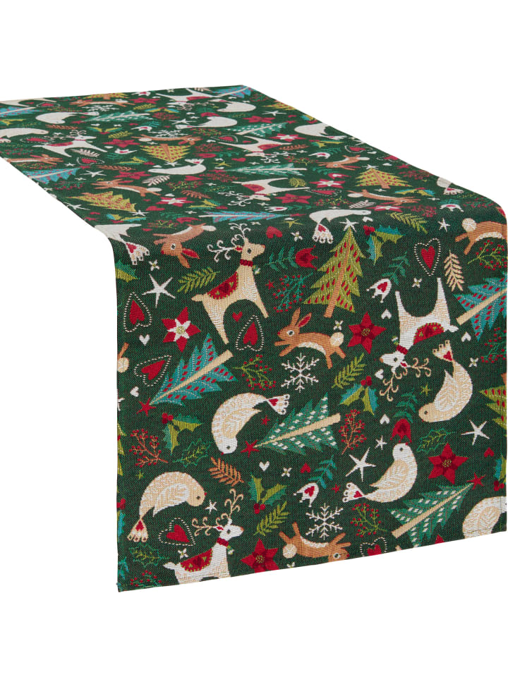 Jacquard, Baumwollmischung, Gewebt, Gobelin Tischläufer in grün