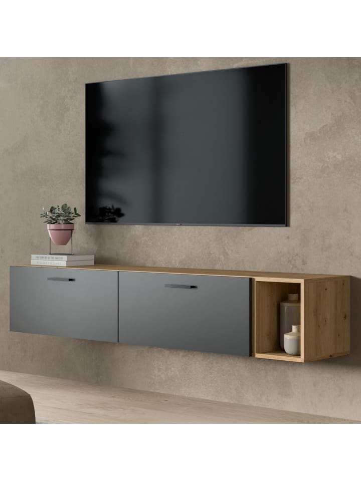 TV-Lowboard in grau und Artisan Eiche 176 cm, TV Unterteil hängend oder stehend