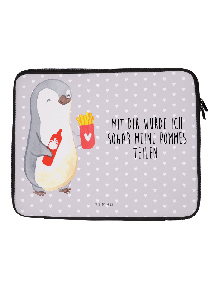 Laptop Tasche Pinguin Pommes mit Spruch in Grau Pastell