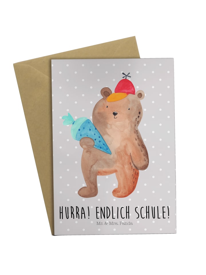 Grußkarte Bär Schultüte mit Spruch in Grau Pastell