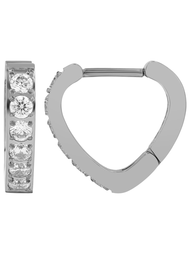 Damen Ohrringe – Klappcreole Herz aus Edelstahl mit Strass Steinchen in silber