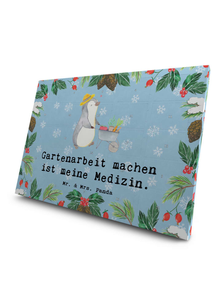 Adventskalender Pinguin Gartenarbeit mit Spruch in Eisblau