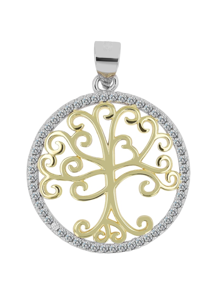 Damen Anhänger Lebensbaum aus 925 Silber mit Zirkonia in gold