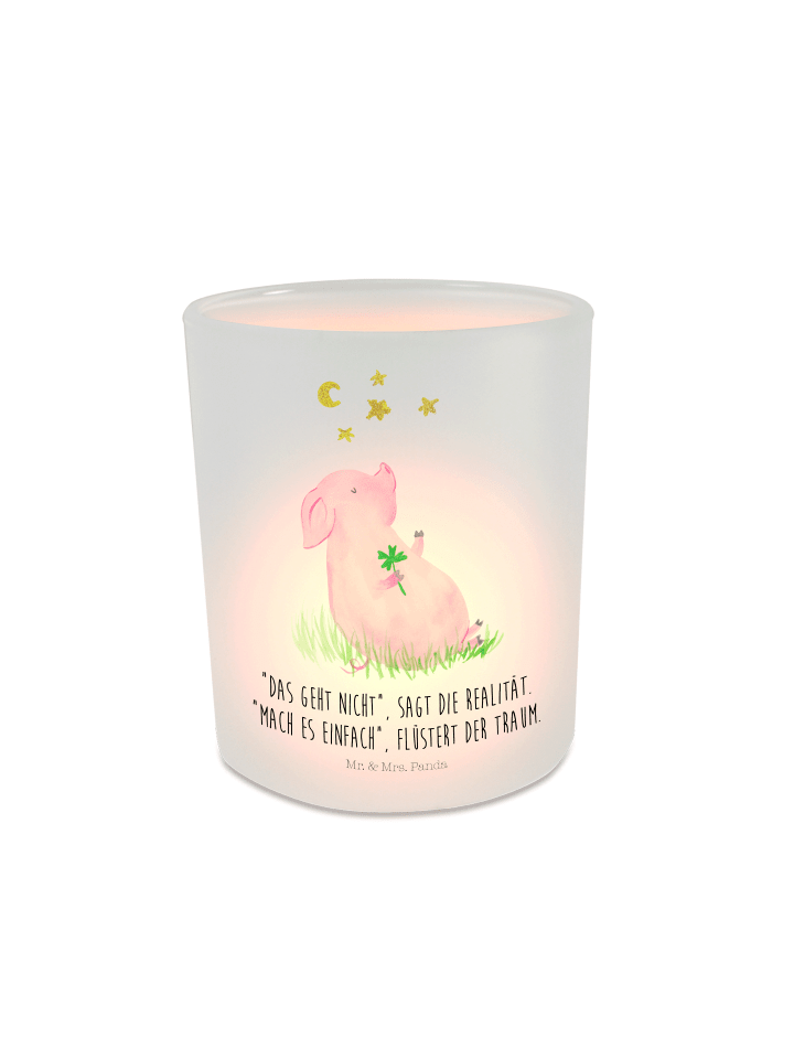 Kerzenhalter Glas Schwein Glück mit Spruch in Transparent