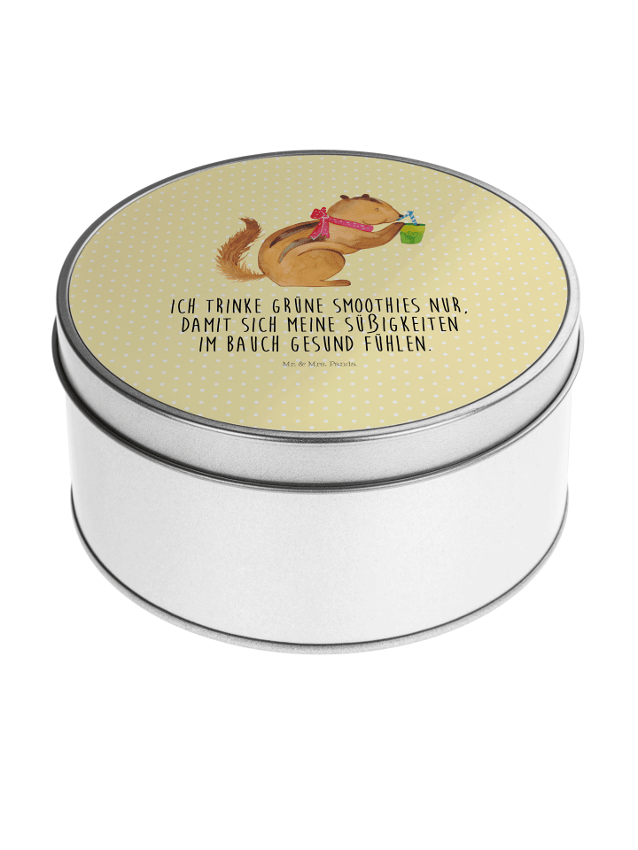Blechdose rund Eichhörnchen Smoothie mit Spruch in Gelb Pastell