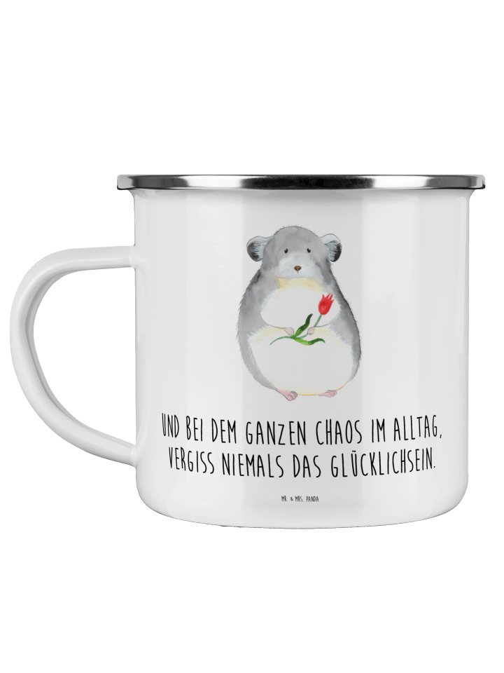 Emaille Tasse Chinchilla Blume mit Spruch in Weiß