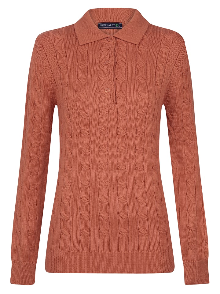 Grobstrick Zopfmuster Polo Kragen Langarm Pullover in Lachsrosa