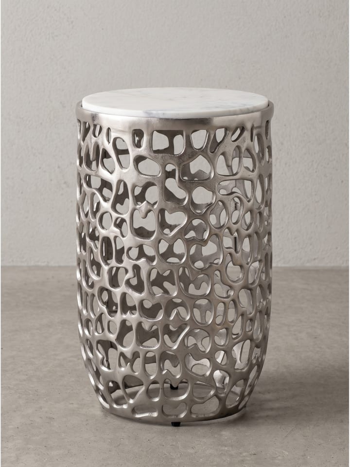 Beistelltisch rund, indischer Marmor, handgefertigt, Modern in Silber-Weiß